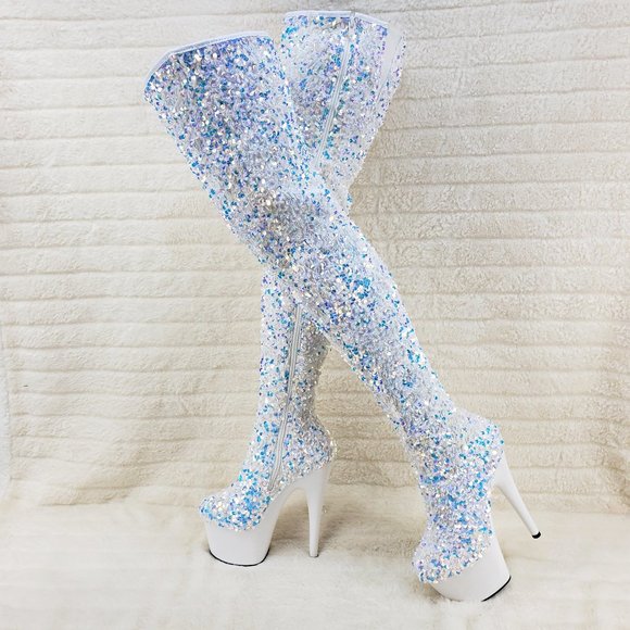 Pleaser Shoes - White Ice Multi Stretch Sequin Platform 7" Heels Thigh High Boots 3020